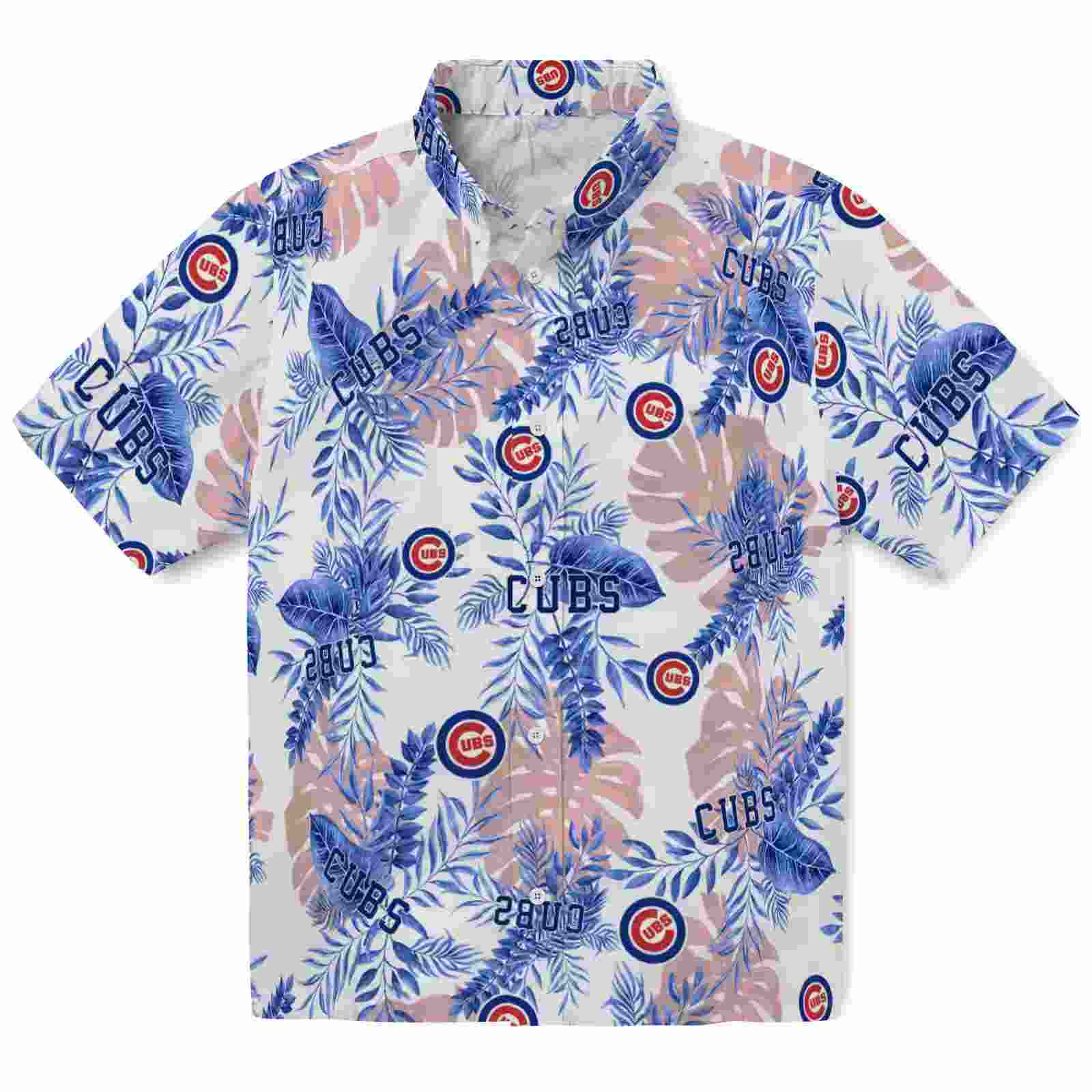 Chicago Cubs Tropical Leaves White Hawaiian Shirt