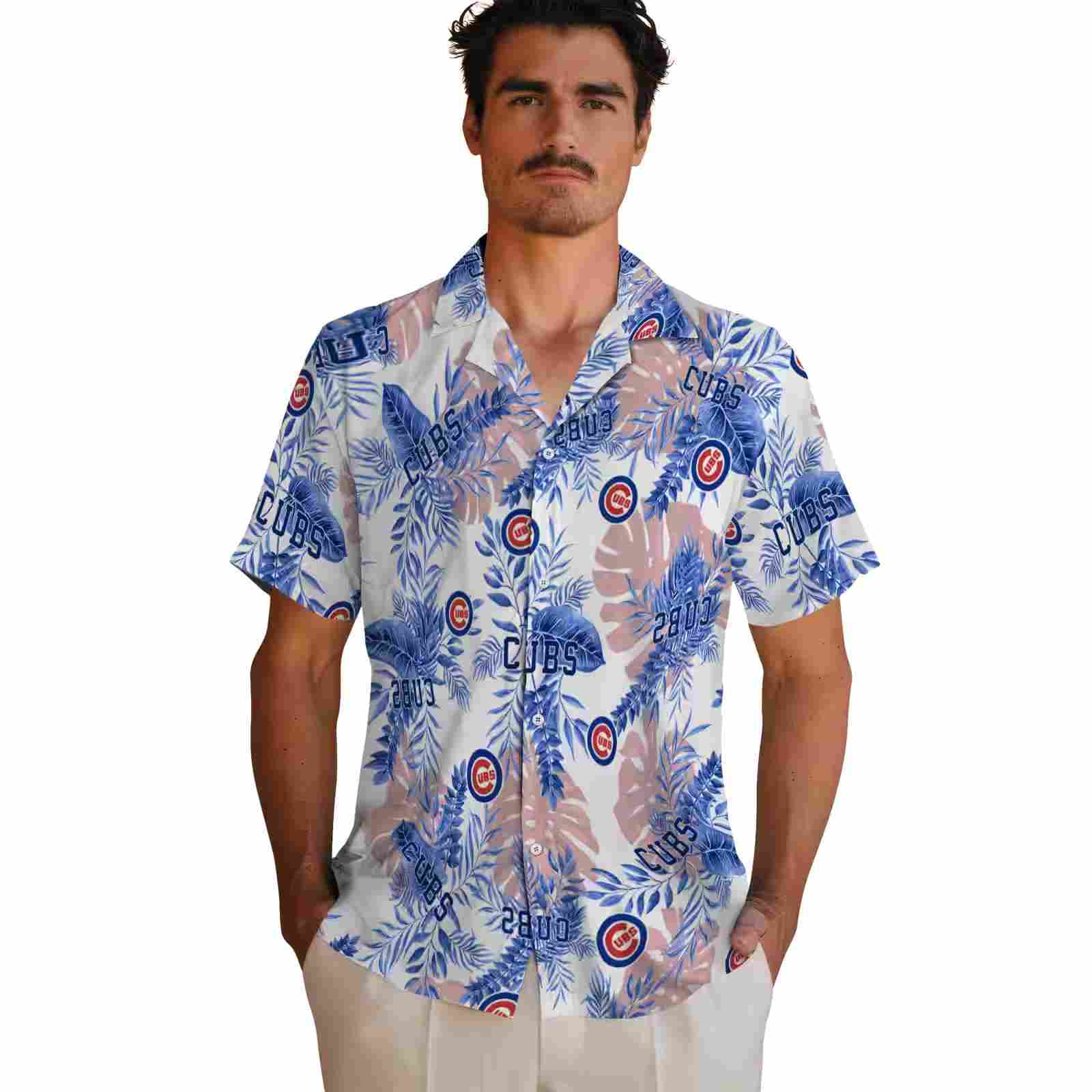 chicago cubs tropical leaves white hawaiian shirt fashion forward