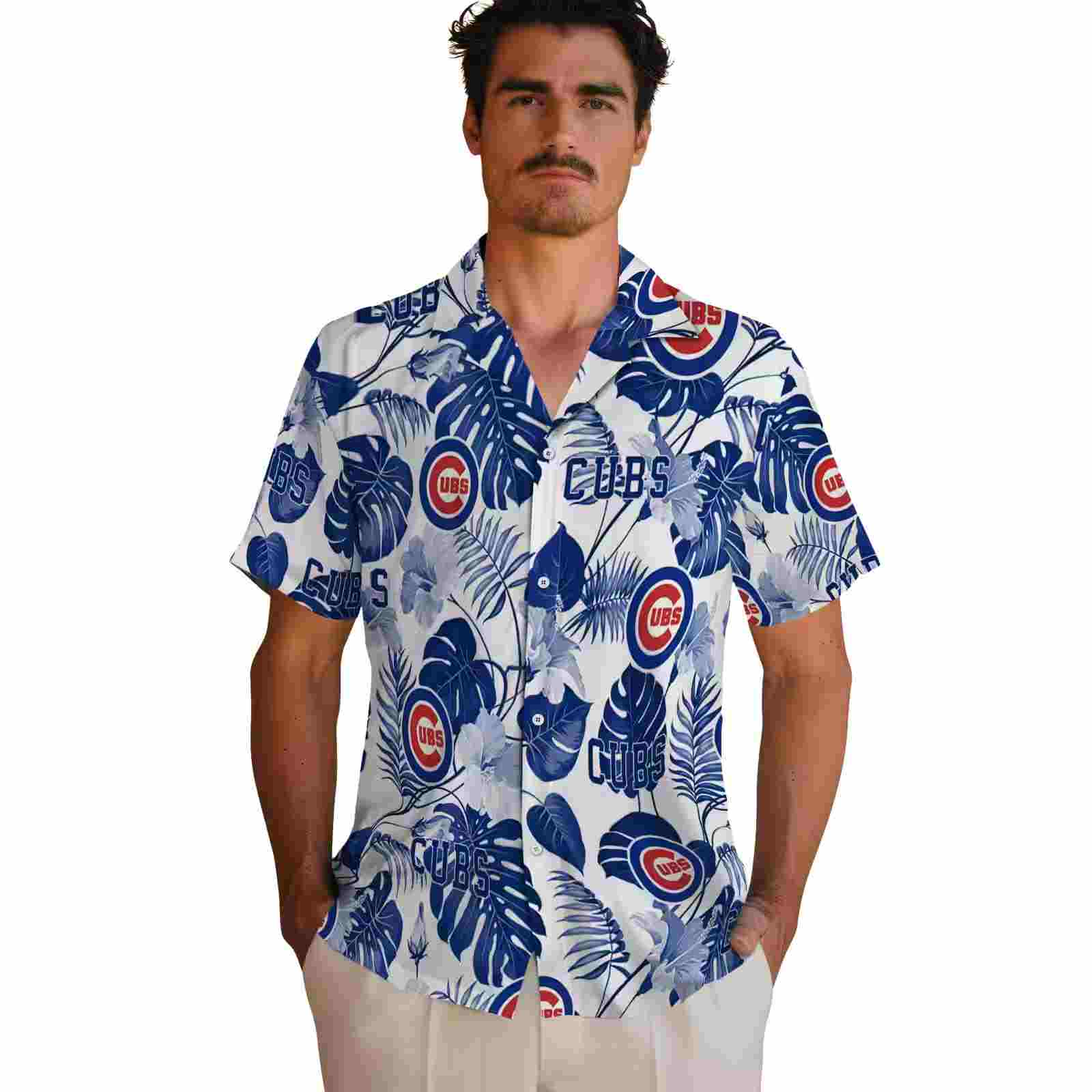 chicago cubs tropical plants blue white hawaiian shirt fashion forward