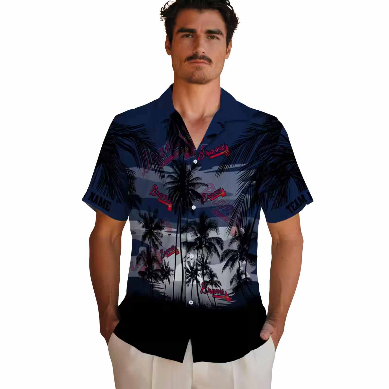 custom atlanta braves sunset scene navy black hawaiian shirt fashion forward