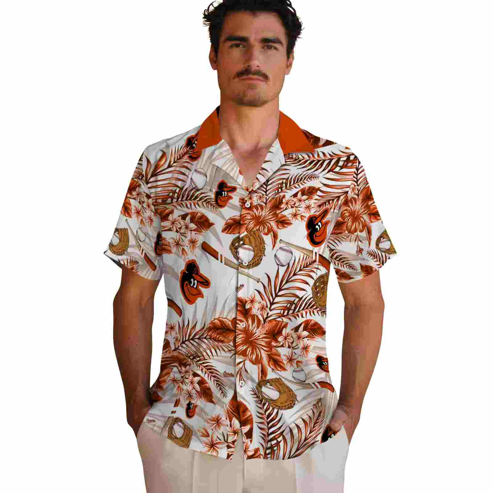 custom baltimore orioles floral baseball orange white hawaiian shirt fashion forward