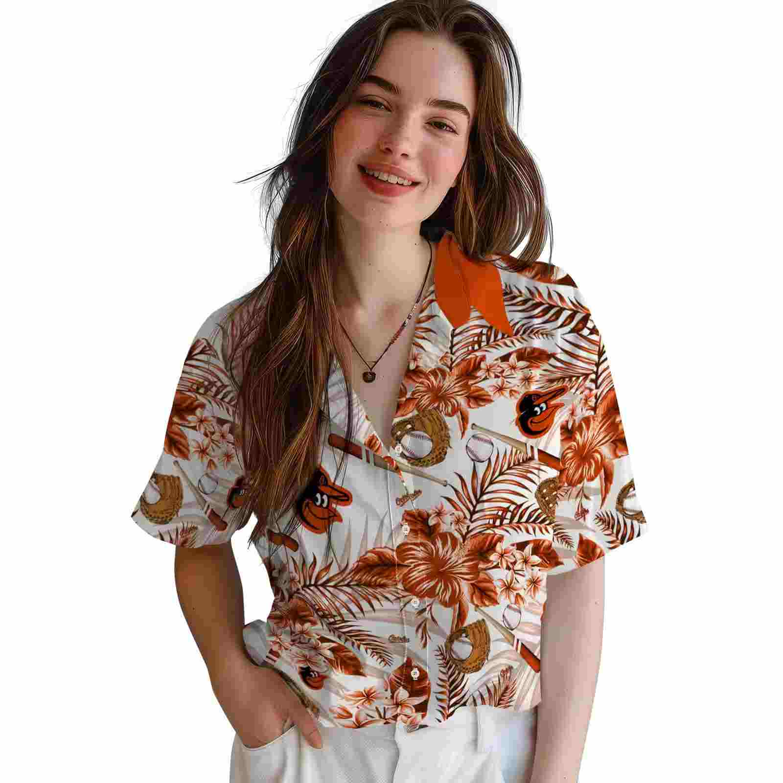 custom baltimore orioles floral baseball orange white hawaiian shirt latest model