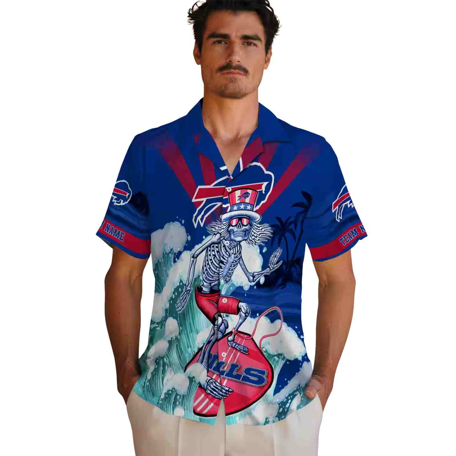 custom buffalo bills surfing skeleton blue hawaiian shirt fashion forward