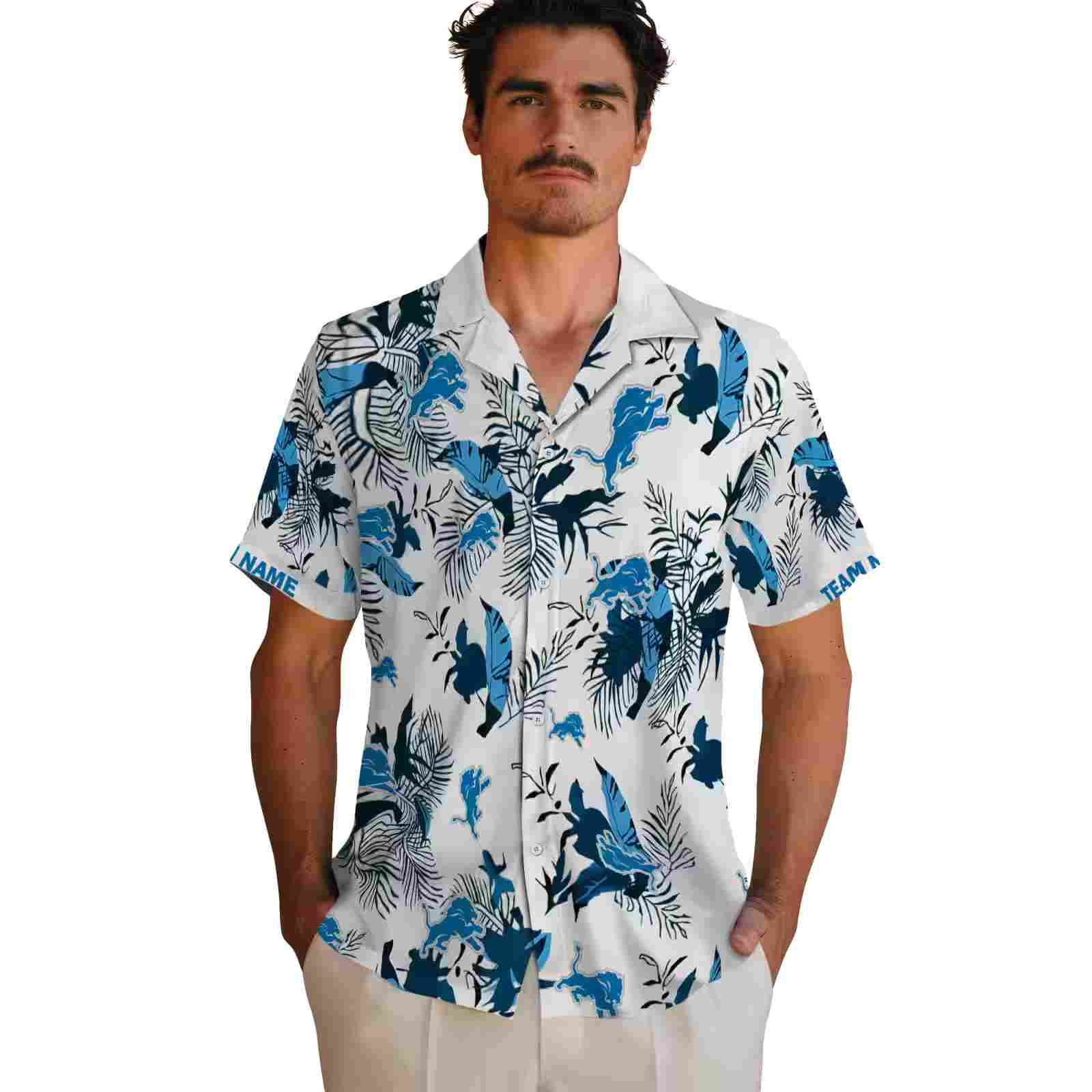 custom detroit lions botanical theme blue white hawaiian shirt fashion forward