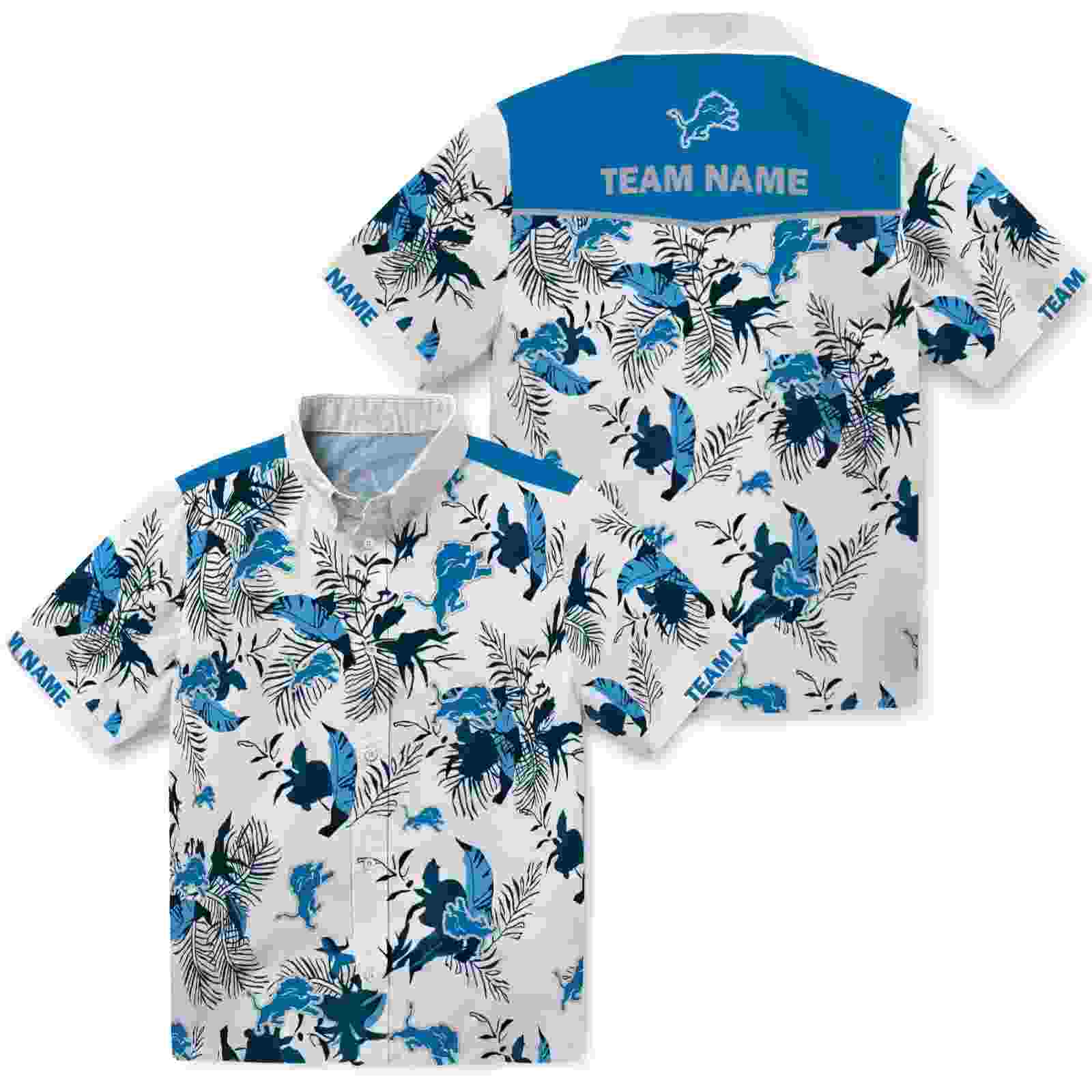 custom detroit lions botanical theme blue white hawaiian shirt high quality