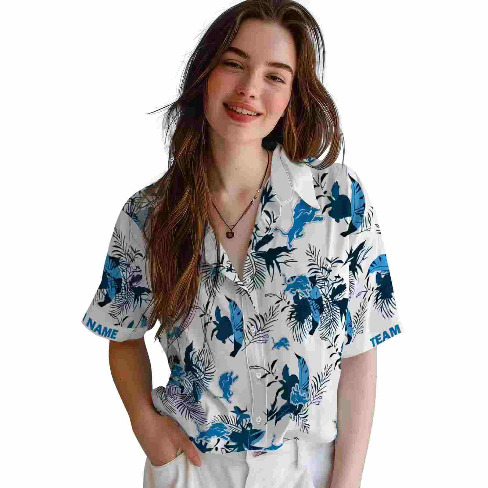 custom detroit lions botanical theme blue white hawaiian shirt latest model