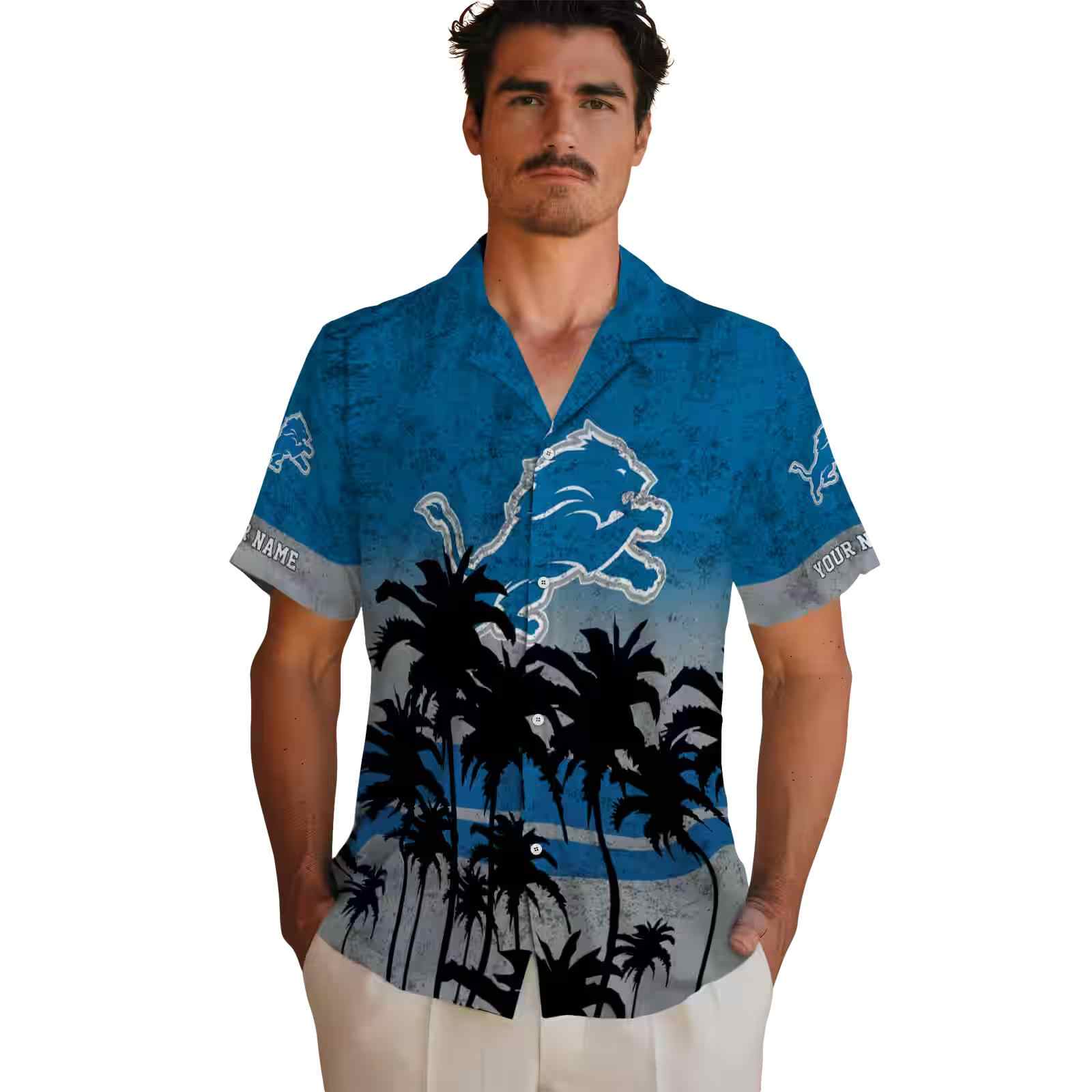 custom detroit lions sunset pattern blue black hawaiian shirt fashion forward