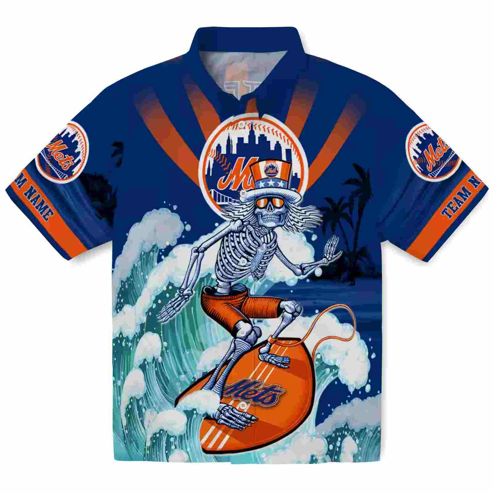 Custom New York Mets Surfing Skeleton Blue Hawaiian Shirt