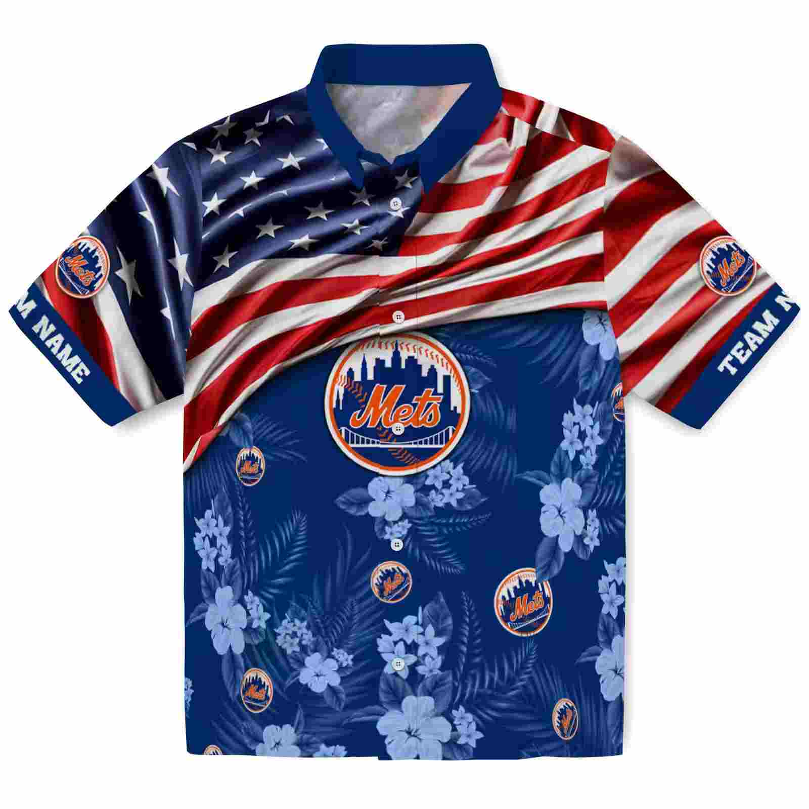 Custom New York Mets US Flag Hibiscus Blue Hawaiian Shirt