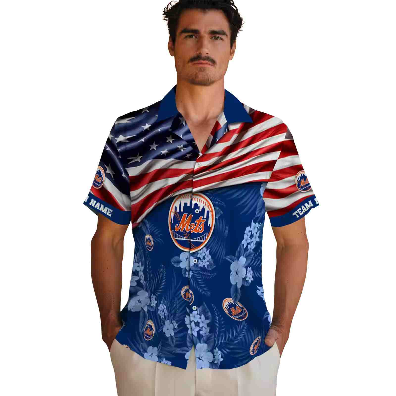 custom new york mets us flag hibiscus blue hawaiian shirt fashion forward