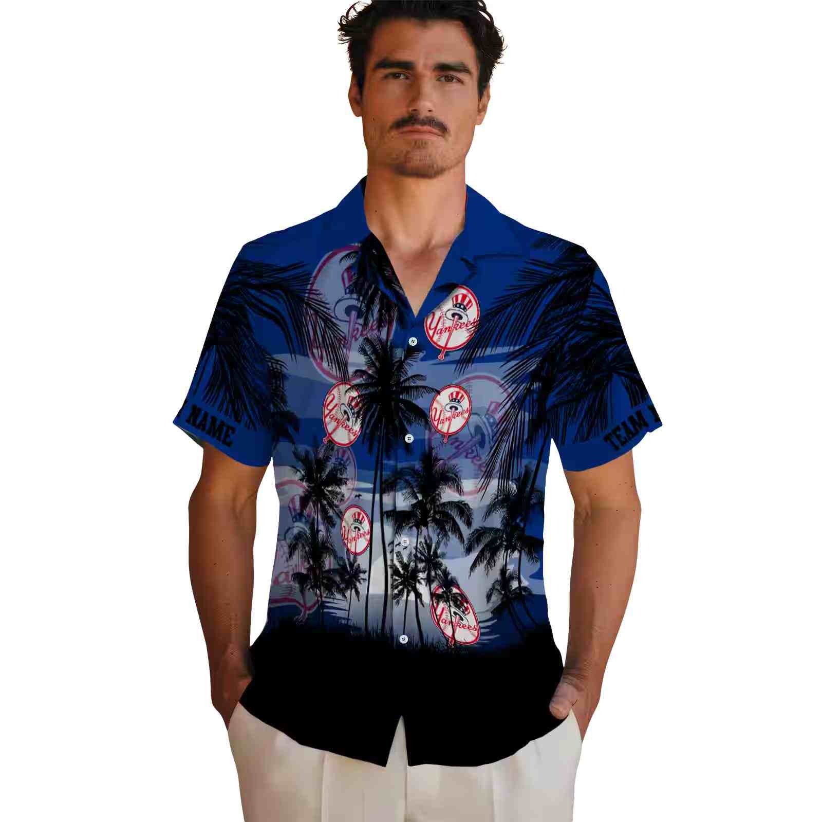 custom new york yankees sunset scene navy black hawaiian shirt fashion forward