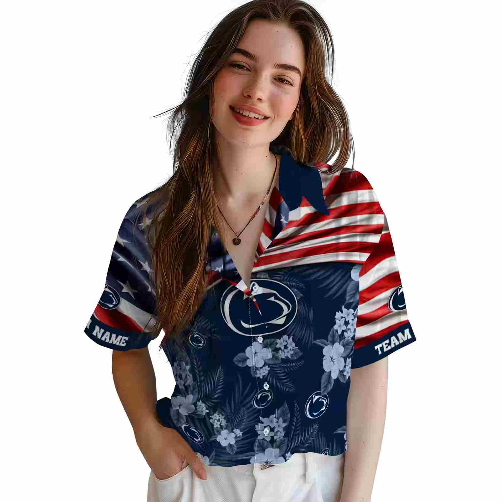 custom penn state nittany lions us flag hibiscus blue hawaiian shirt latest model