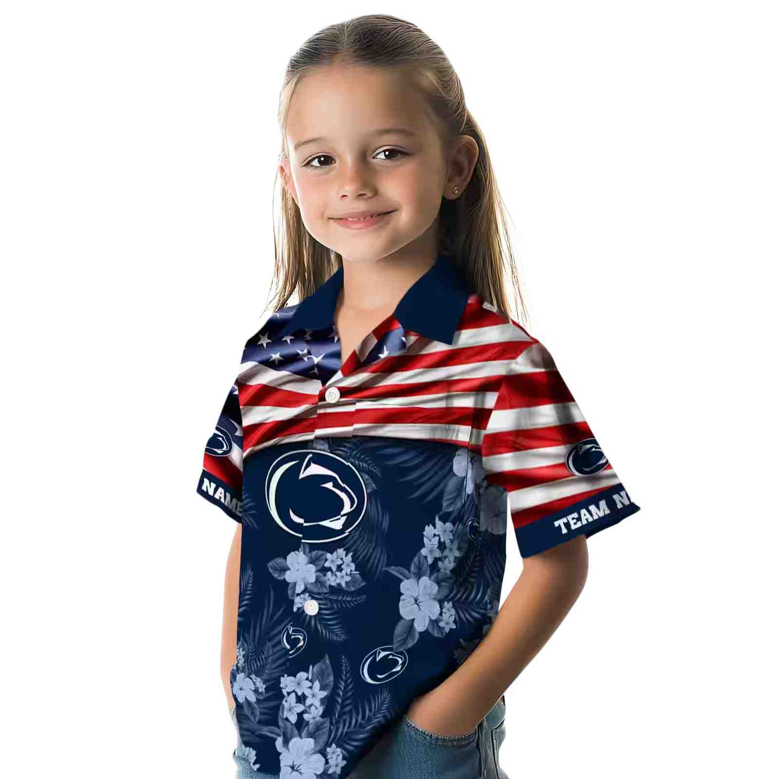 custom penn state nittany lions us flag hibiscus blue hawaiian shirt premium grade