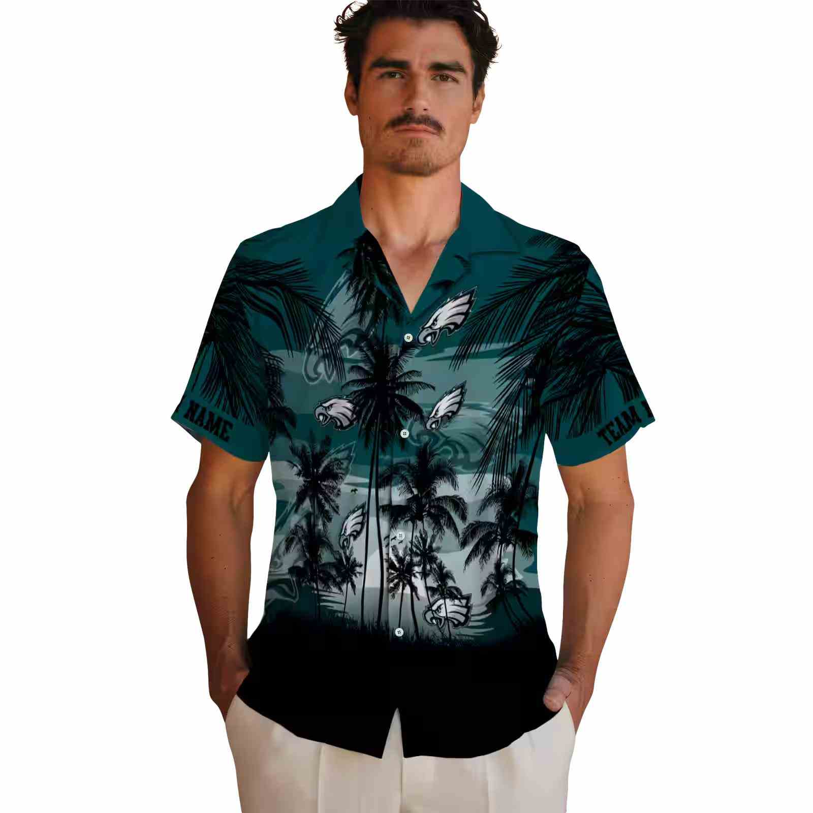 custom philadelphia eagles sunset scene green black hawaiian shirt fashion forward