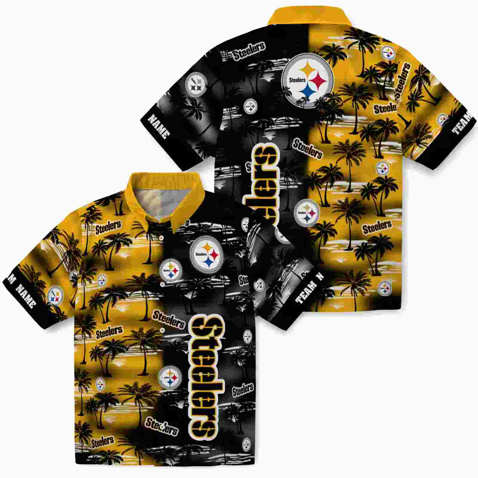 custom pittsburgh steelers palm silhouettes gold hawaiian shirt high quality