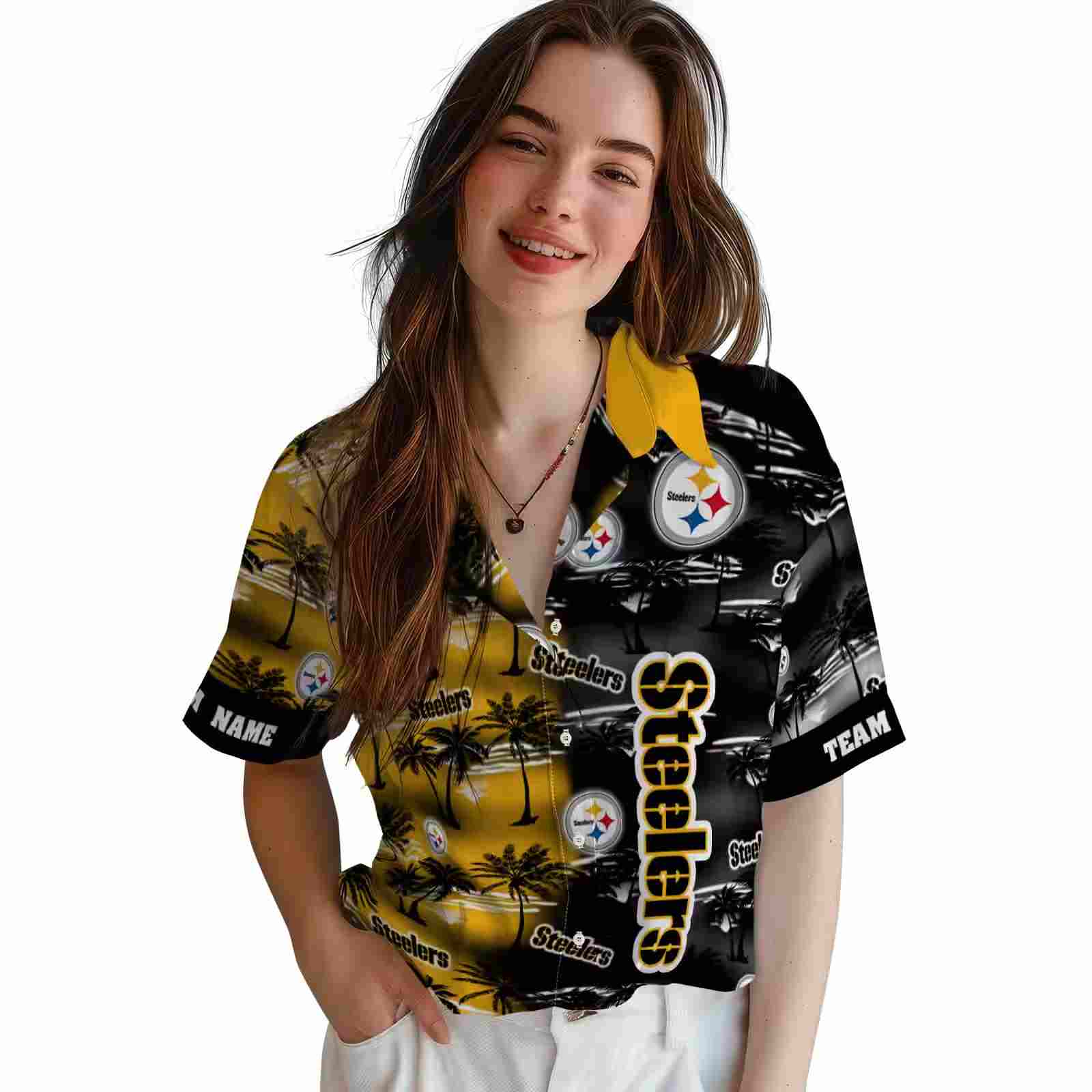 custom pittsburgh steelers palm silhouettes gold hawaiian shirt latest model