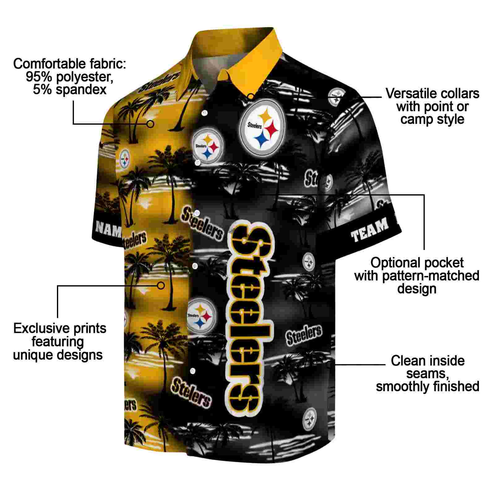 custom pittsburgh steelers palm silhouettes gold hawaiian shirt new arrival