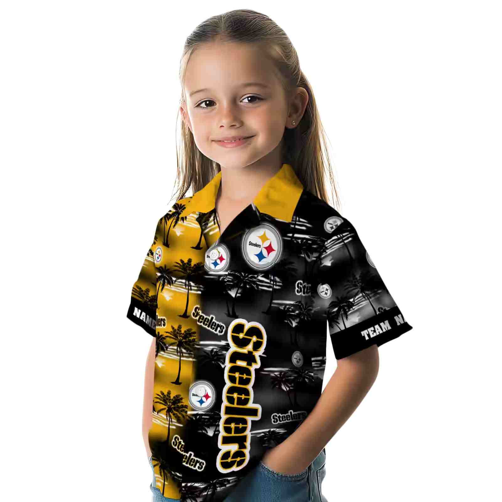 custom pittsburgh steelers palm silhouettes gold hawaiian shirt premium grade