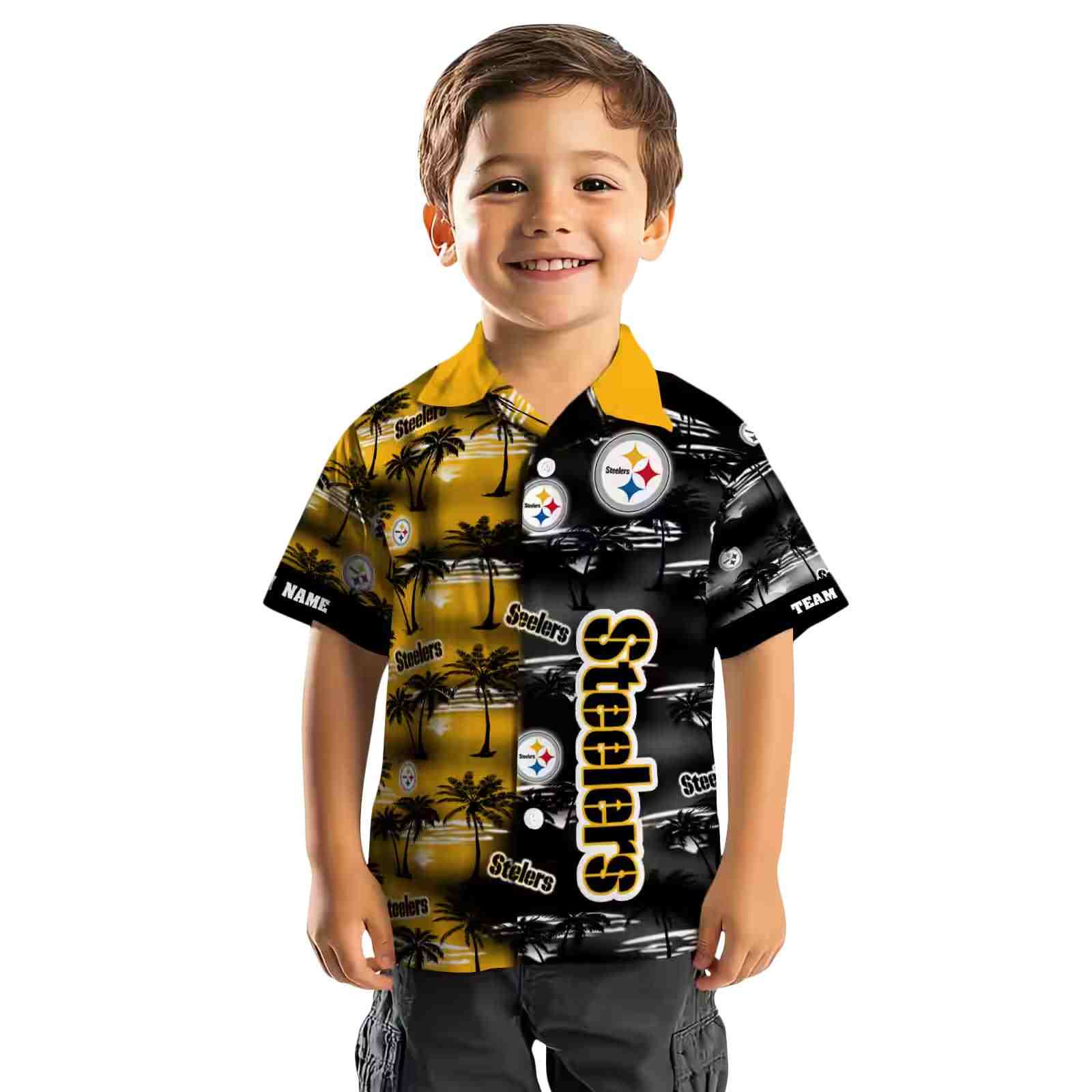 custom pittsburgh steelers palm silhouettes gold hawaiian shirt top rated