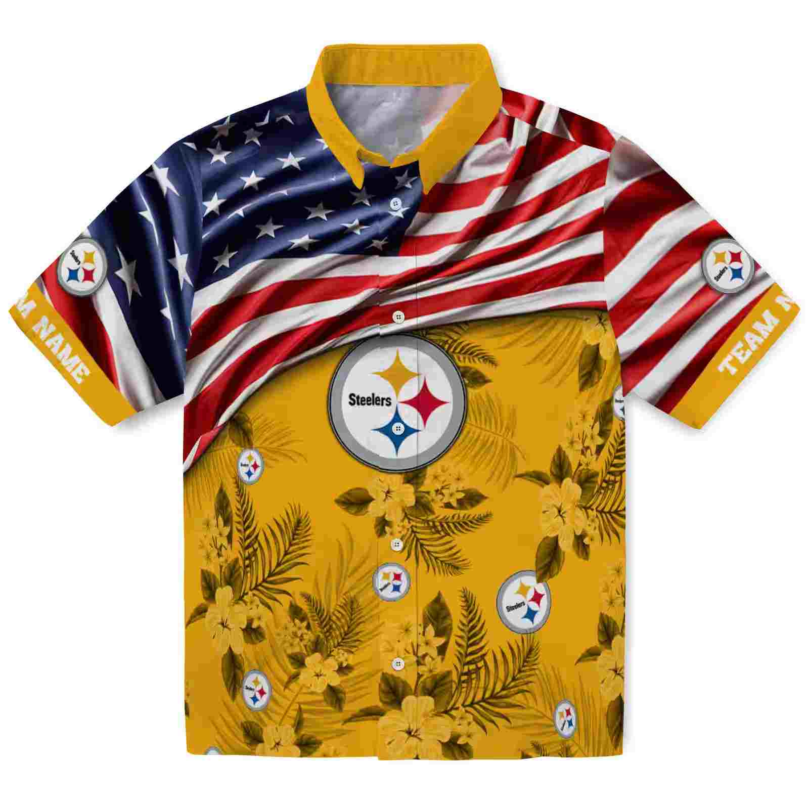 Custom Pittsburgh Steelers US Flag Hibiscus Gold Hawaiian Shirt