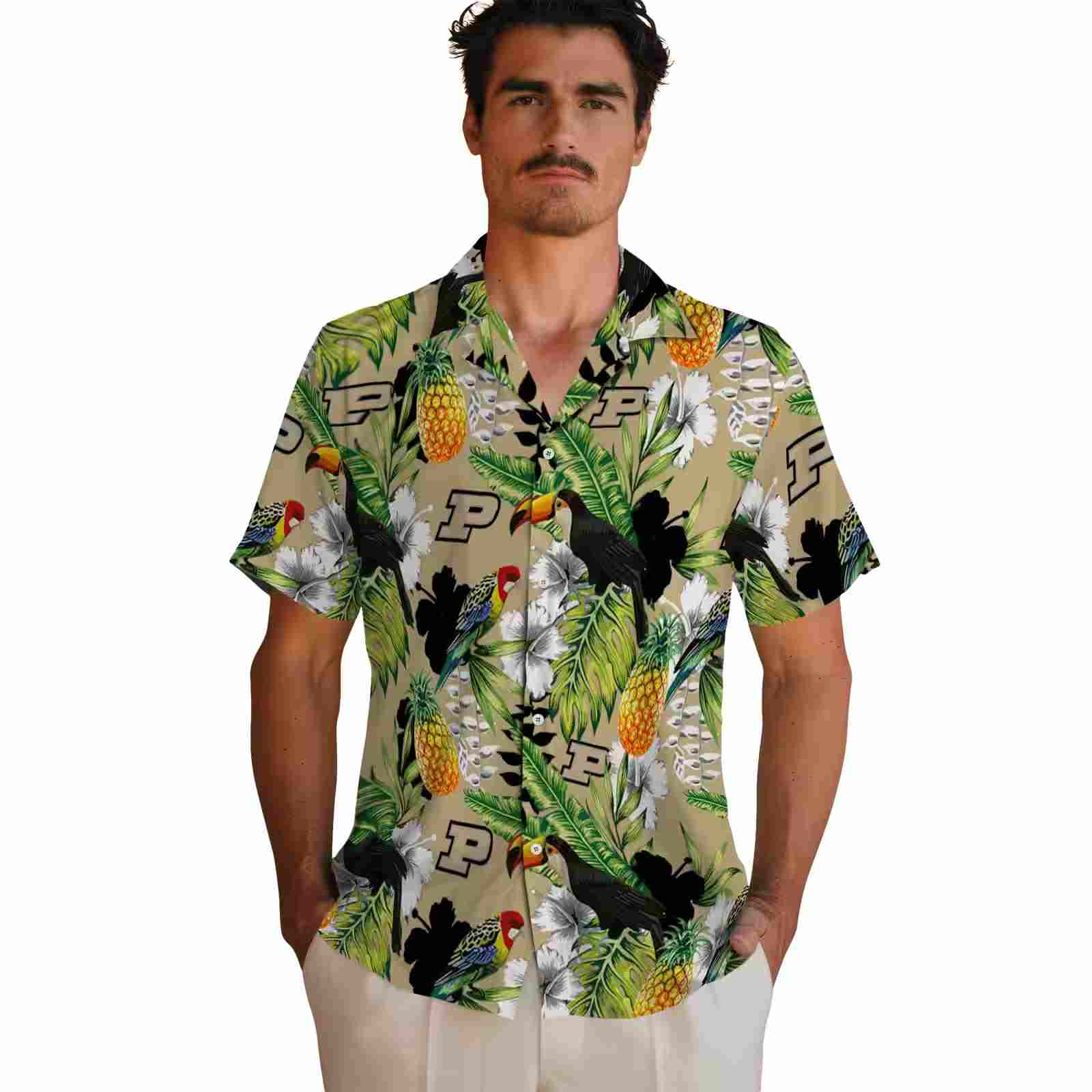 custom purdue boilermakers tropical toucan gold green hawaiian shirt fashion forward