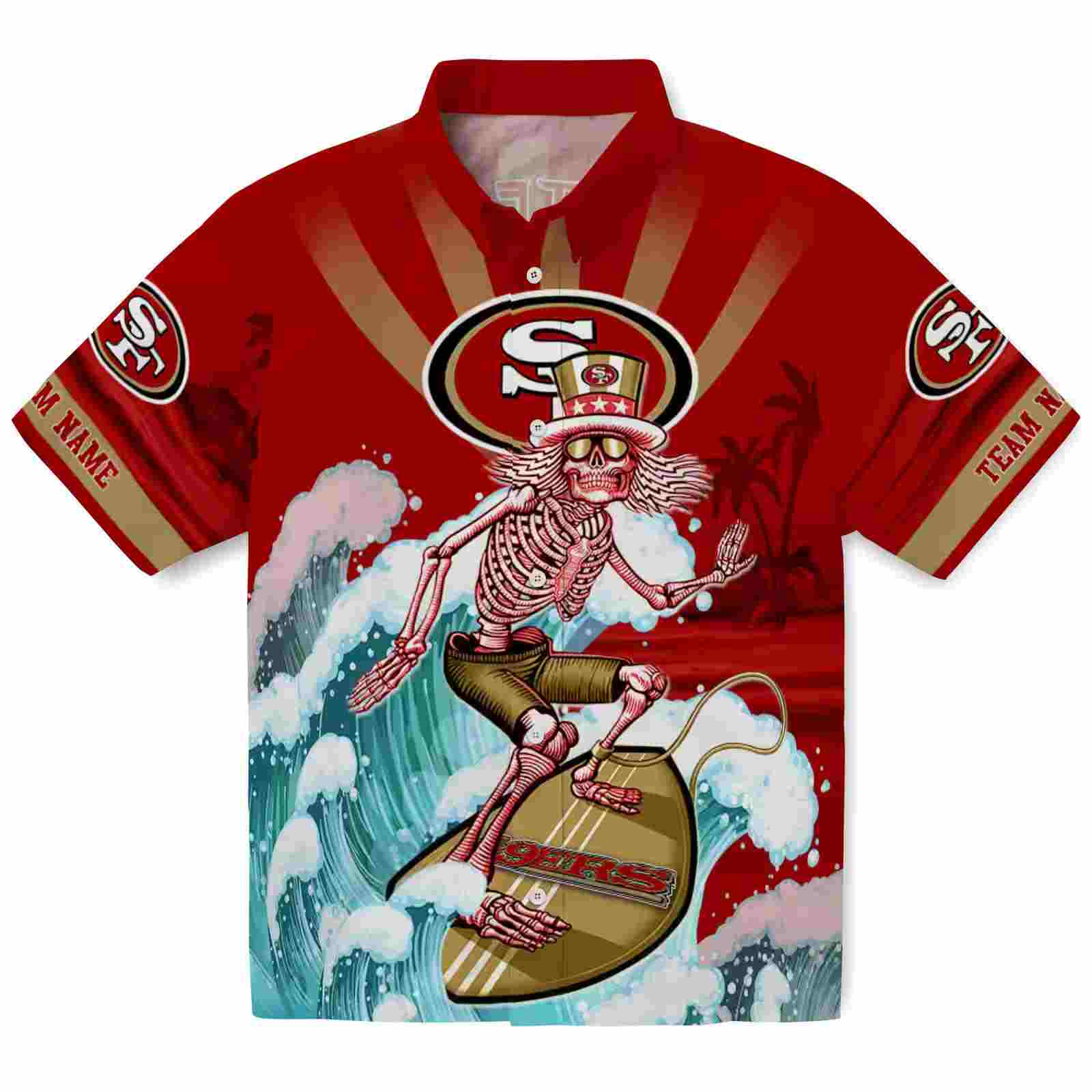 Custom San Francisco 49ers Surfing Skeleton Red Blue Hawaiian Shirt