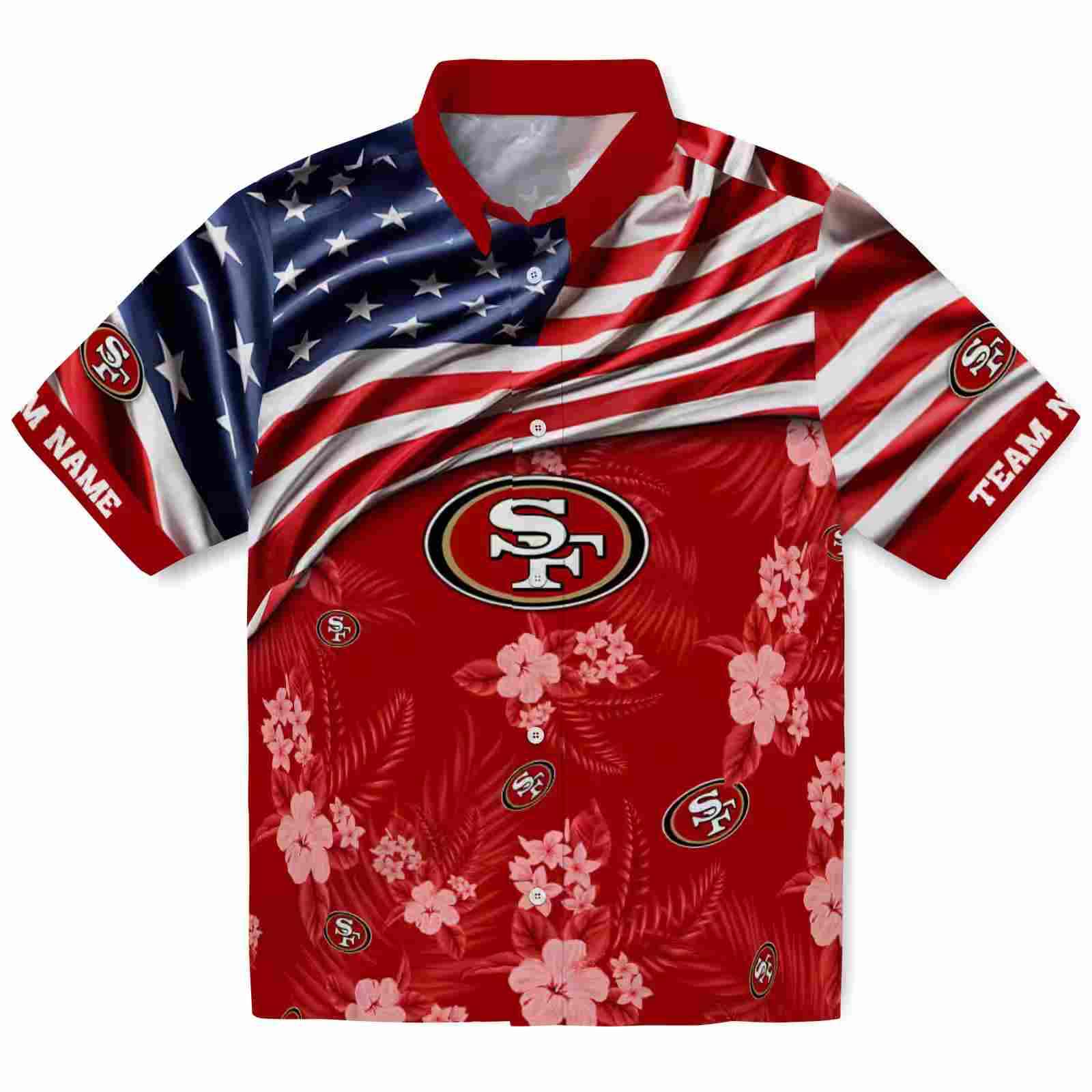 Custom San Francisco 49ers US Flag Hibiscus Red Hawaiian Shirt