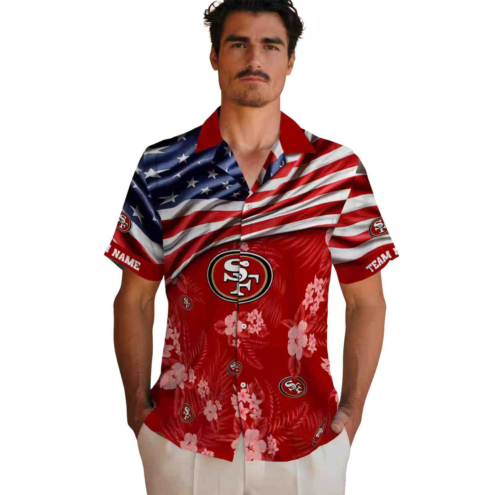 custom san francisco 49ers us flag hibiscus red hawaiian shirt fashion forward