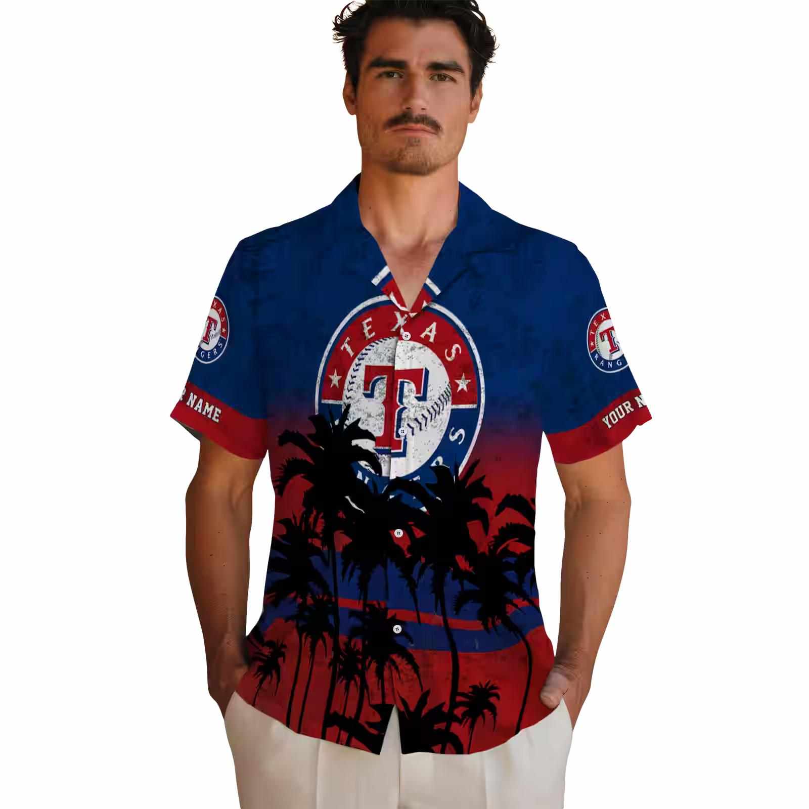 custom texas rangers sunset pattern blue black hawaiian shirt fashion forward