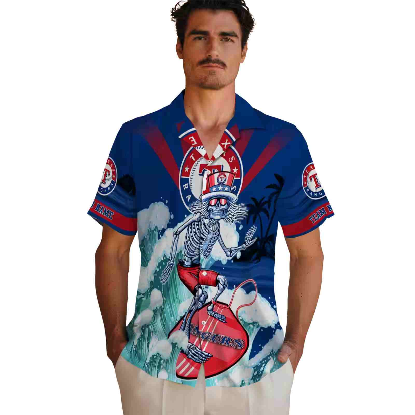 custom texas rangers surfing skeleton blue hawaiian shirt fashion forward