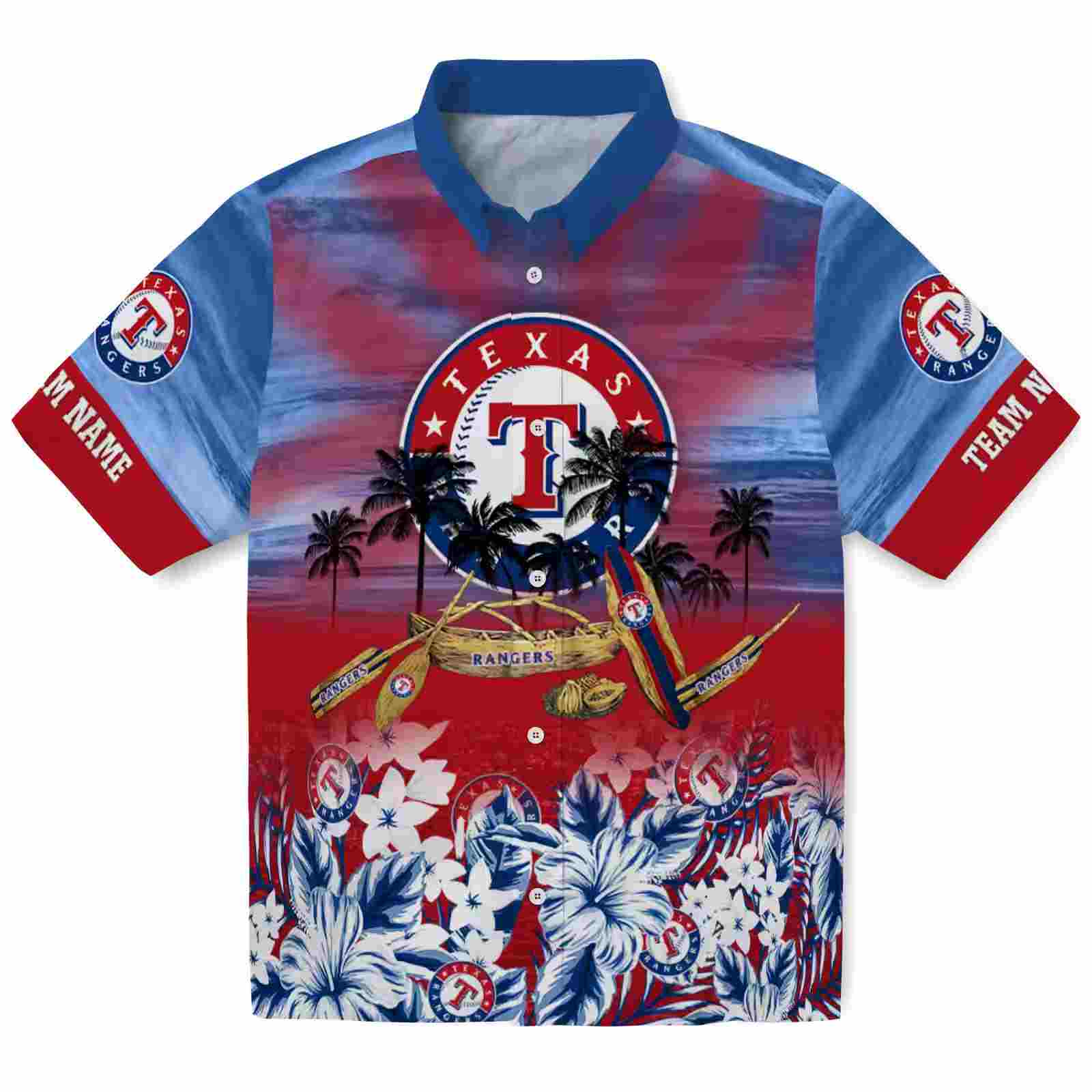 Custom Texas Rangers Tropical Canoe Blue Hawaiian Shirt