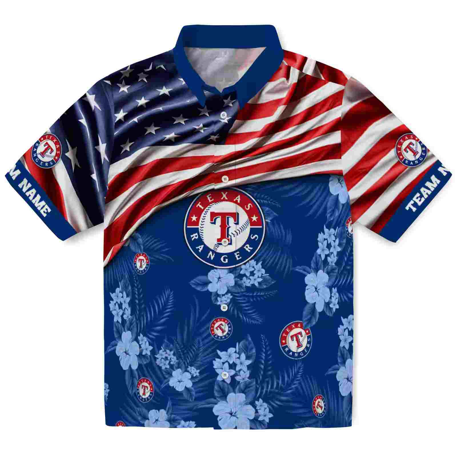 Custom Texas Rangers US Flag Hibiscus Blue Hawaiian Shirt