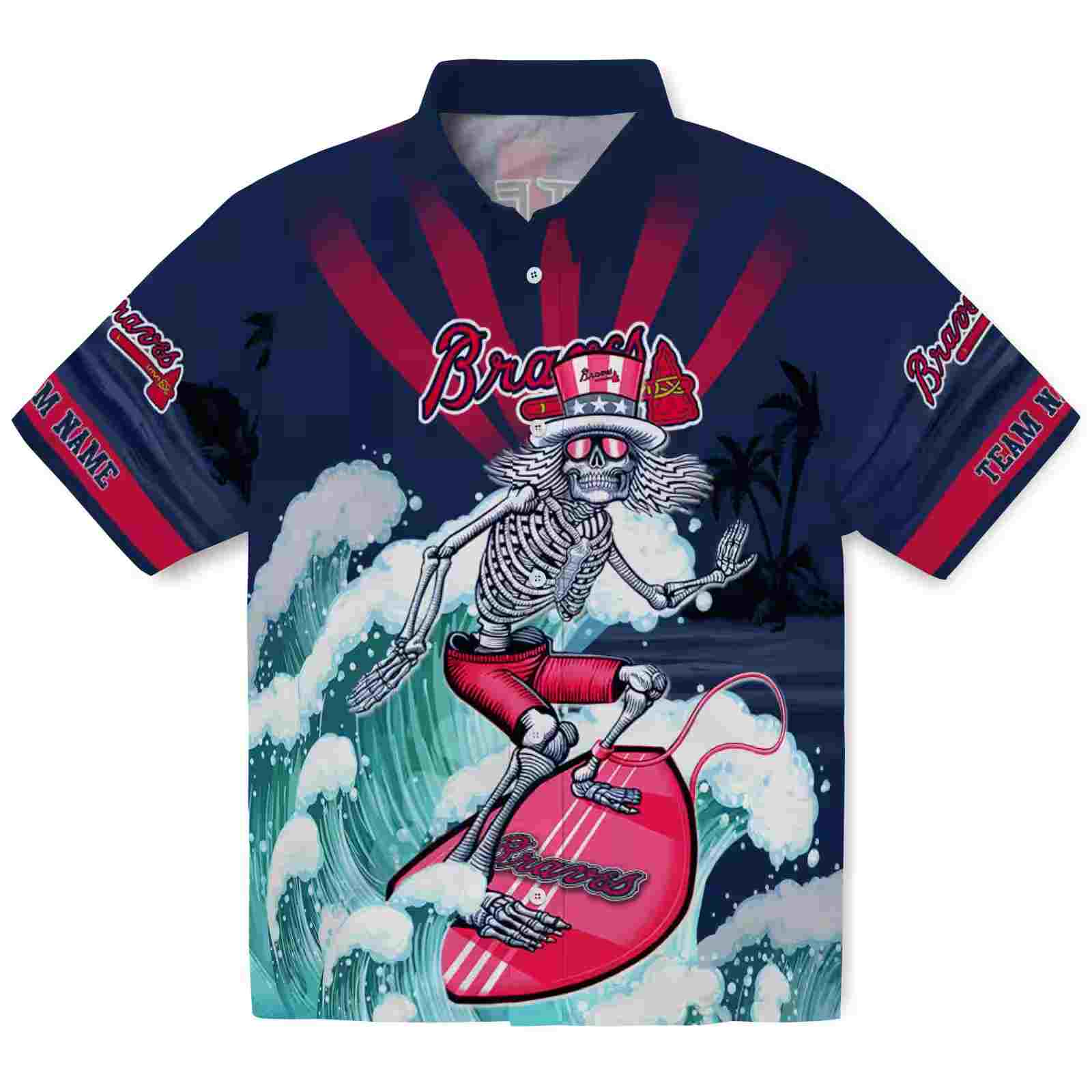 Customized Atlanta Braves Surfing Skeleton Navy Blue Hawaiian Shirt