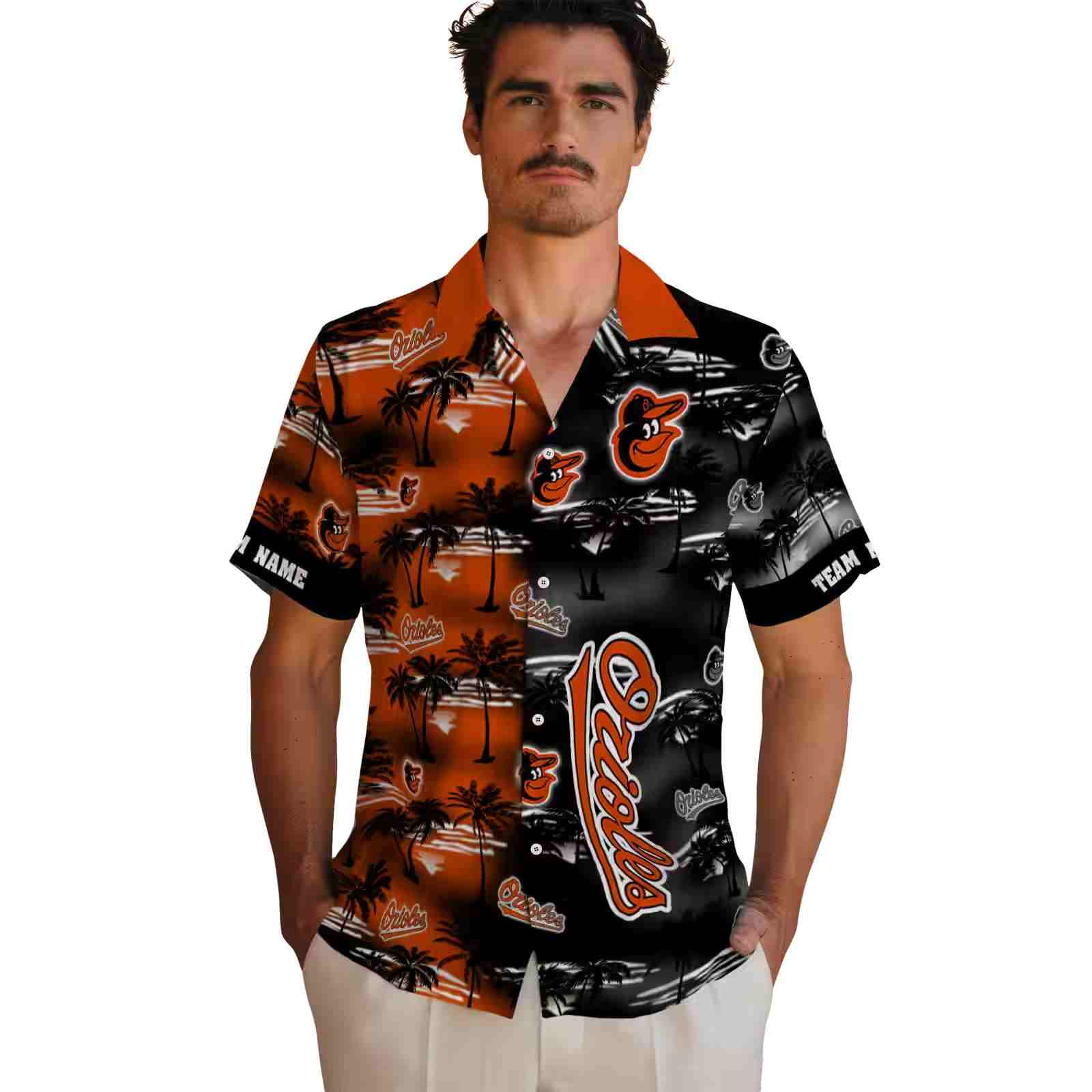 customized baltimore orioles palm silhouettes orange hawaiian shirt fashion forward