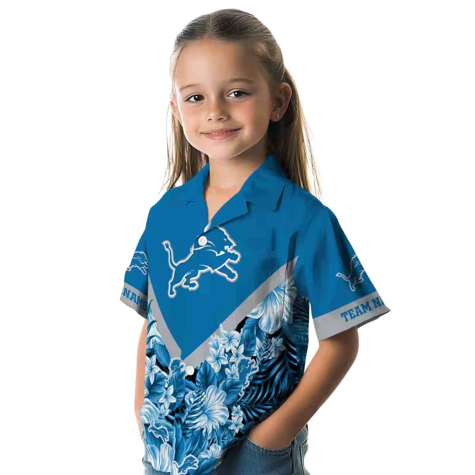 customized detroit lions floral chevron blue hawaiian shirt premium grade