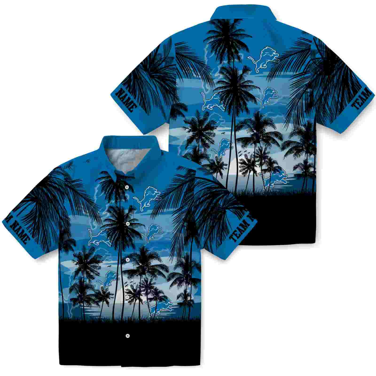 customized detroit lions sunset scene blue black hawaiian shirt high quality