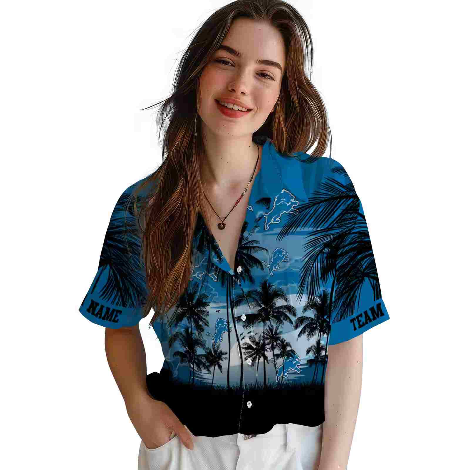 customized detroit lions sunset scene blue black hawaiian shirt latest model