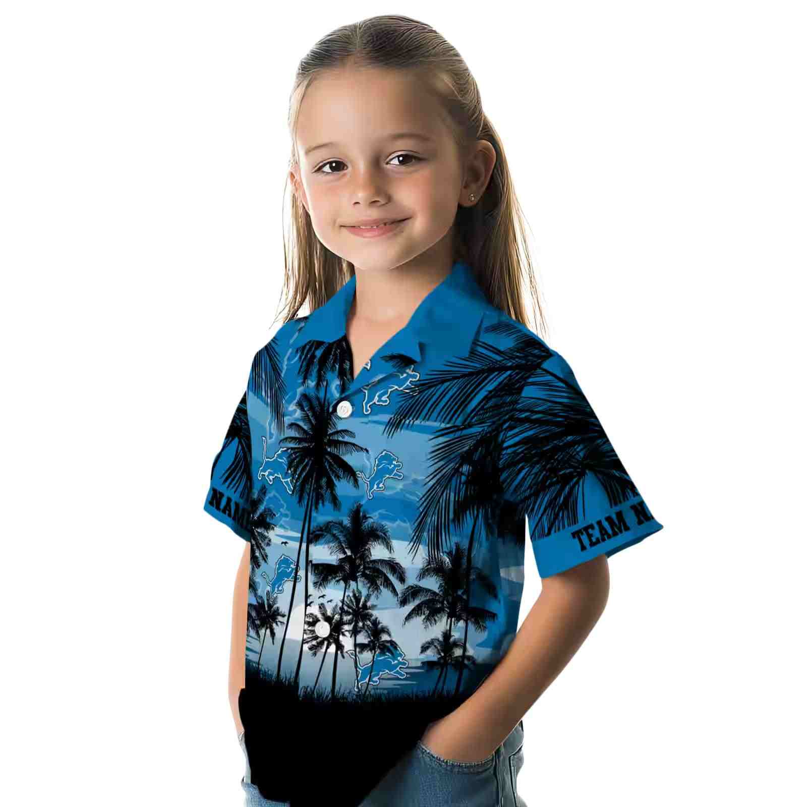 customized detroit lions sunset scene blue black hawaiian shirt premium grade