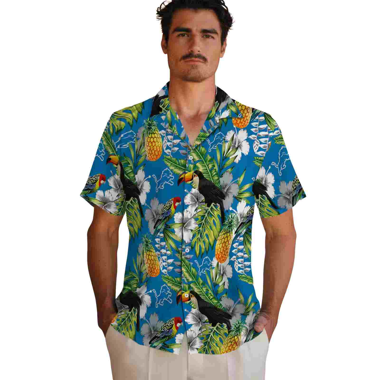 customized detroit lions tropical toucan blue green hawaiian shirt fashion forward