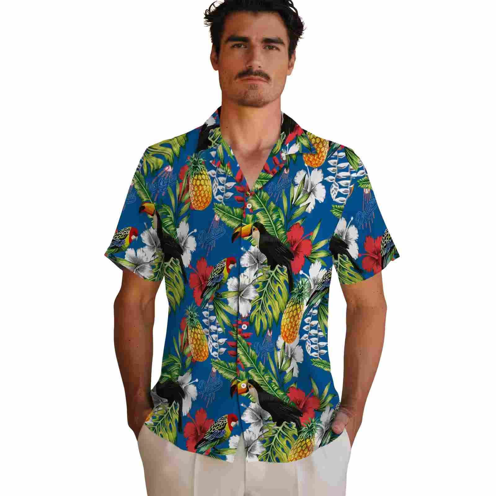 customized los angeles dodgers tropical toucan blue green hawaiian shirt fashion forward