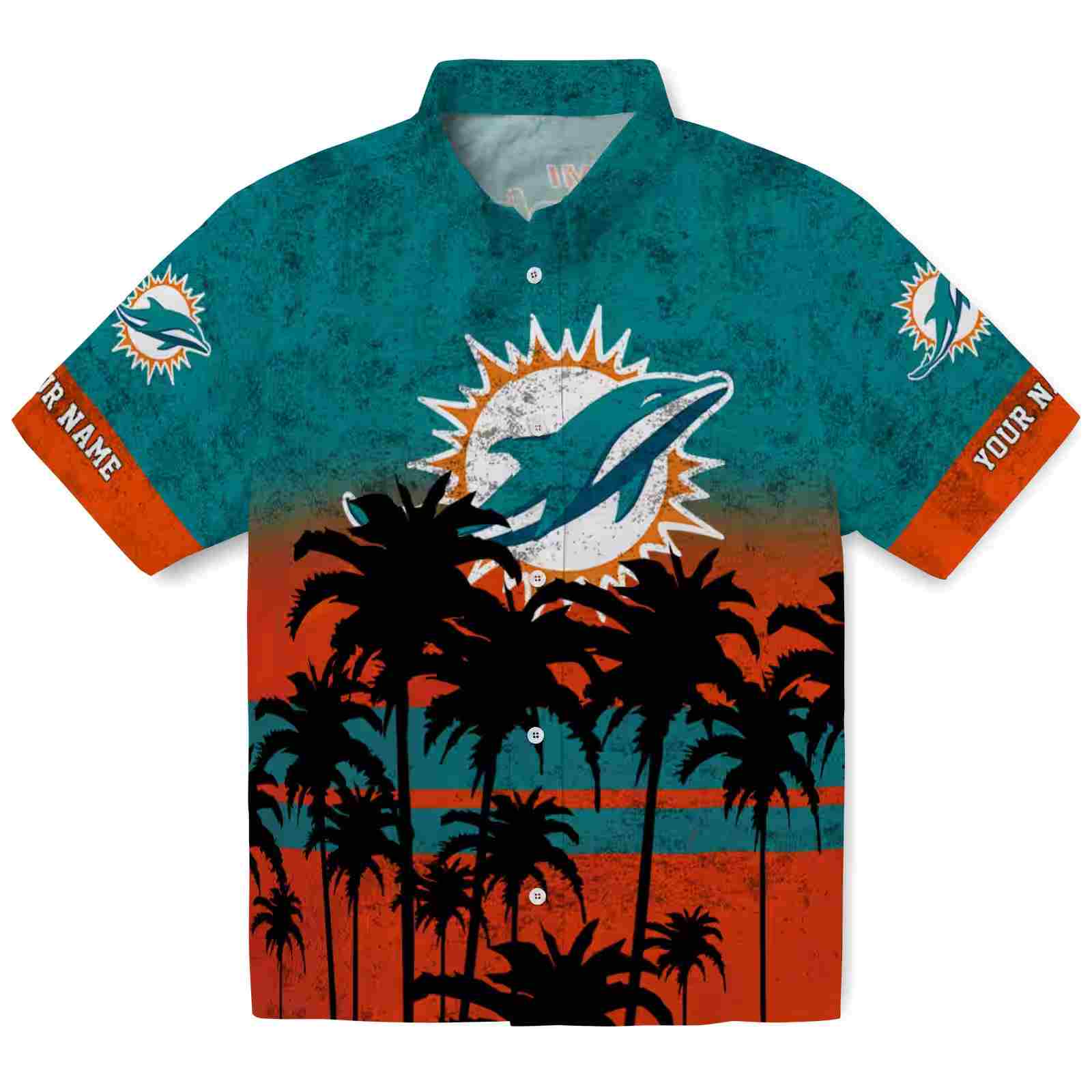 Customized Miami Dolphins Sunset Pattern Aqua Black Hawaiian Shirt