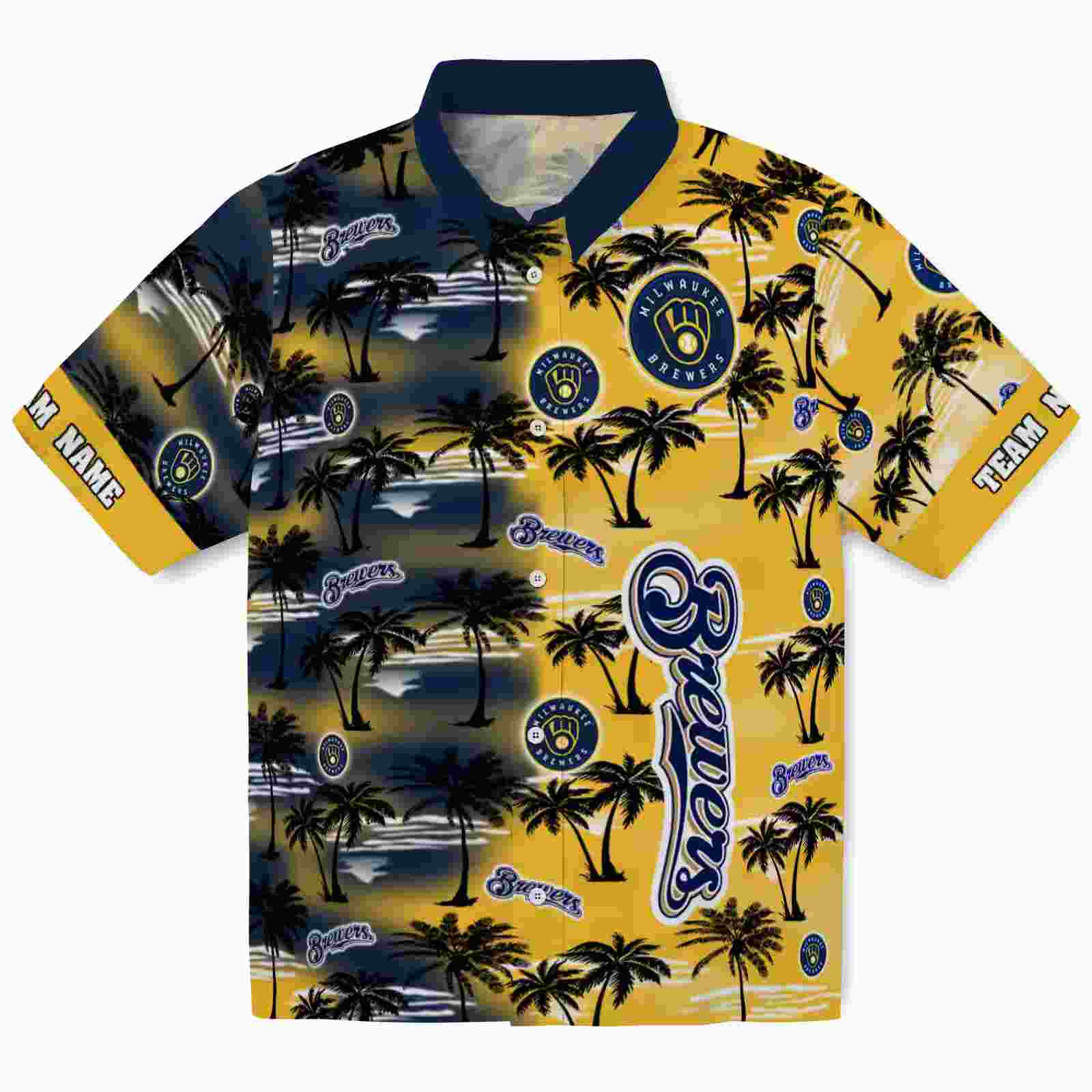 customized milwaukee brewers palm silhouettes navy blue hawaiian shirt best selling