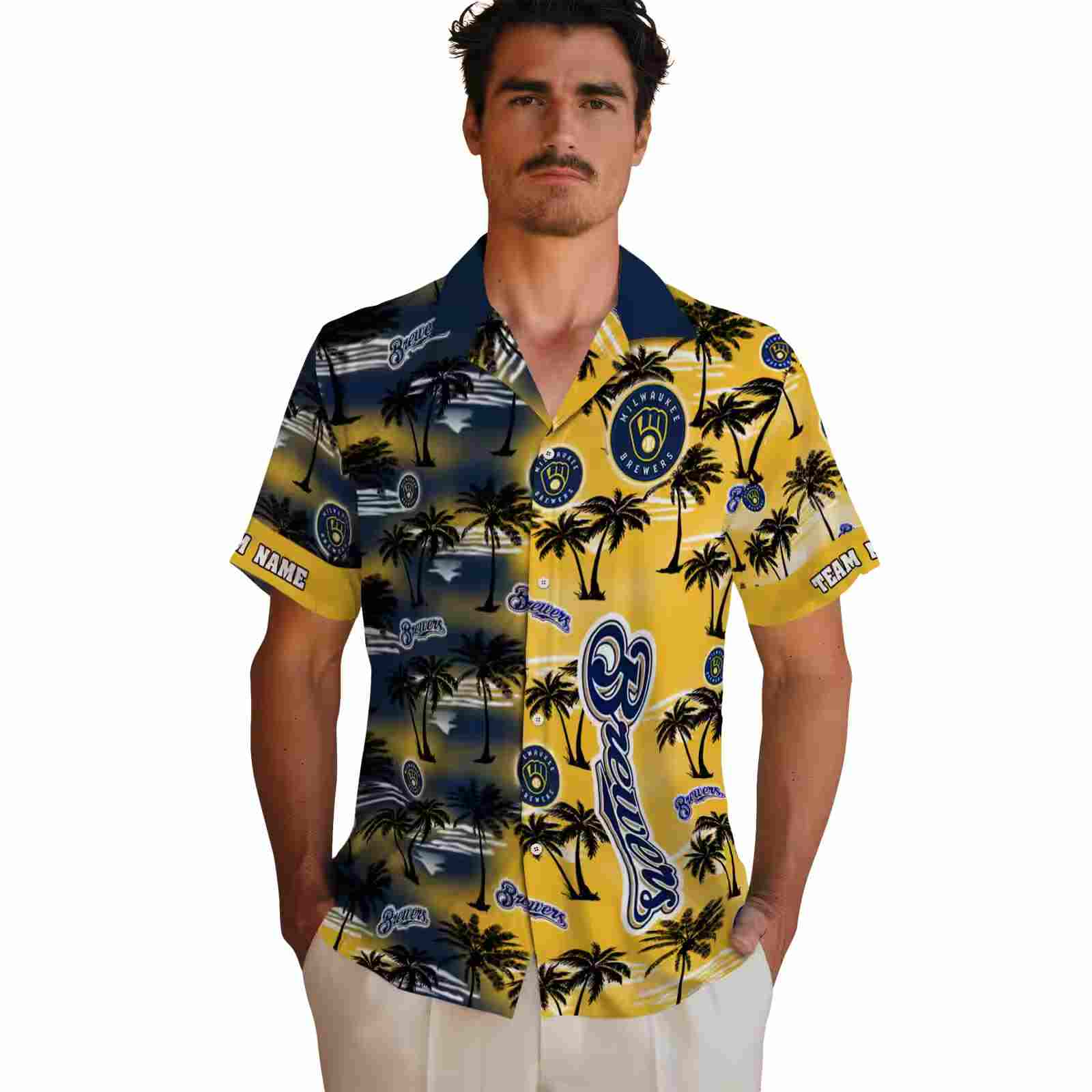 customized milwaukee brewers palm silhouettes navy blue hawaiian shirt fashion forward