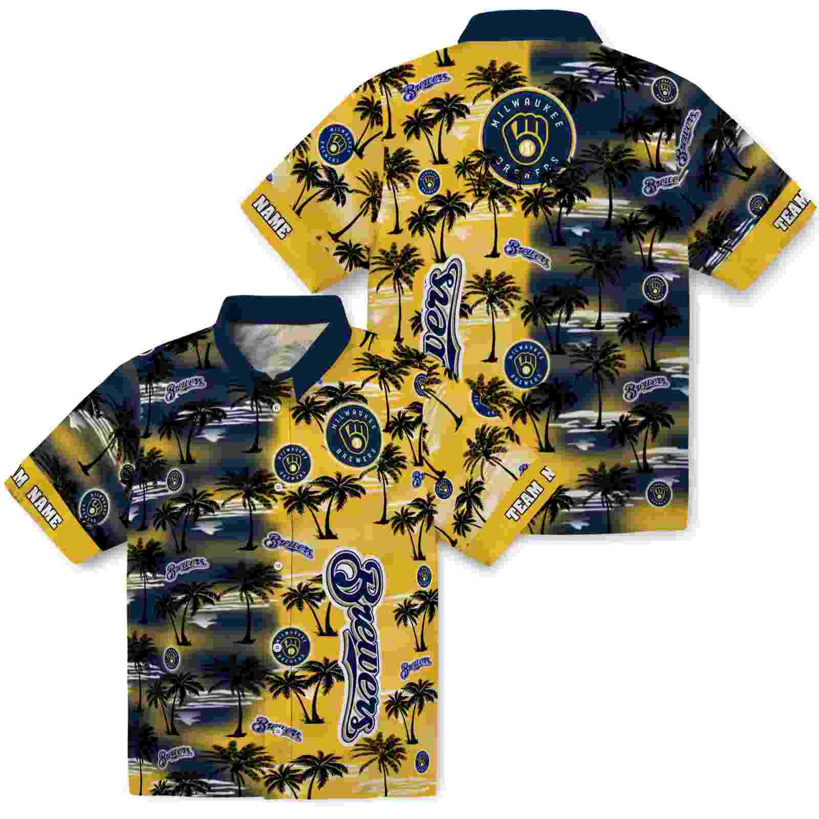 customized milwaukee brewers palm silhouettes navy blue hawaiian shirt high quality