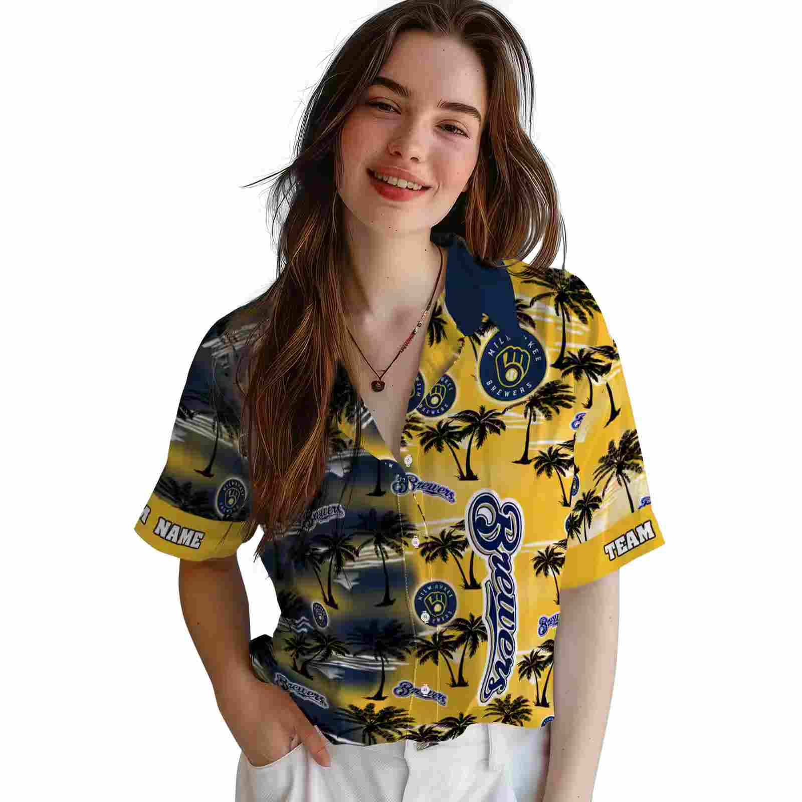 customized milwaukee brewers palm silhouettes navy blue hawaiian shirt latest model