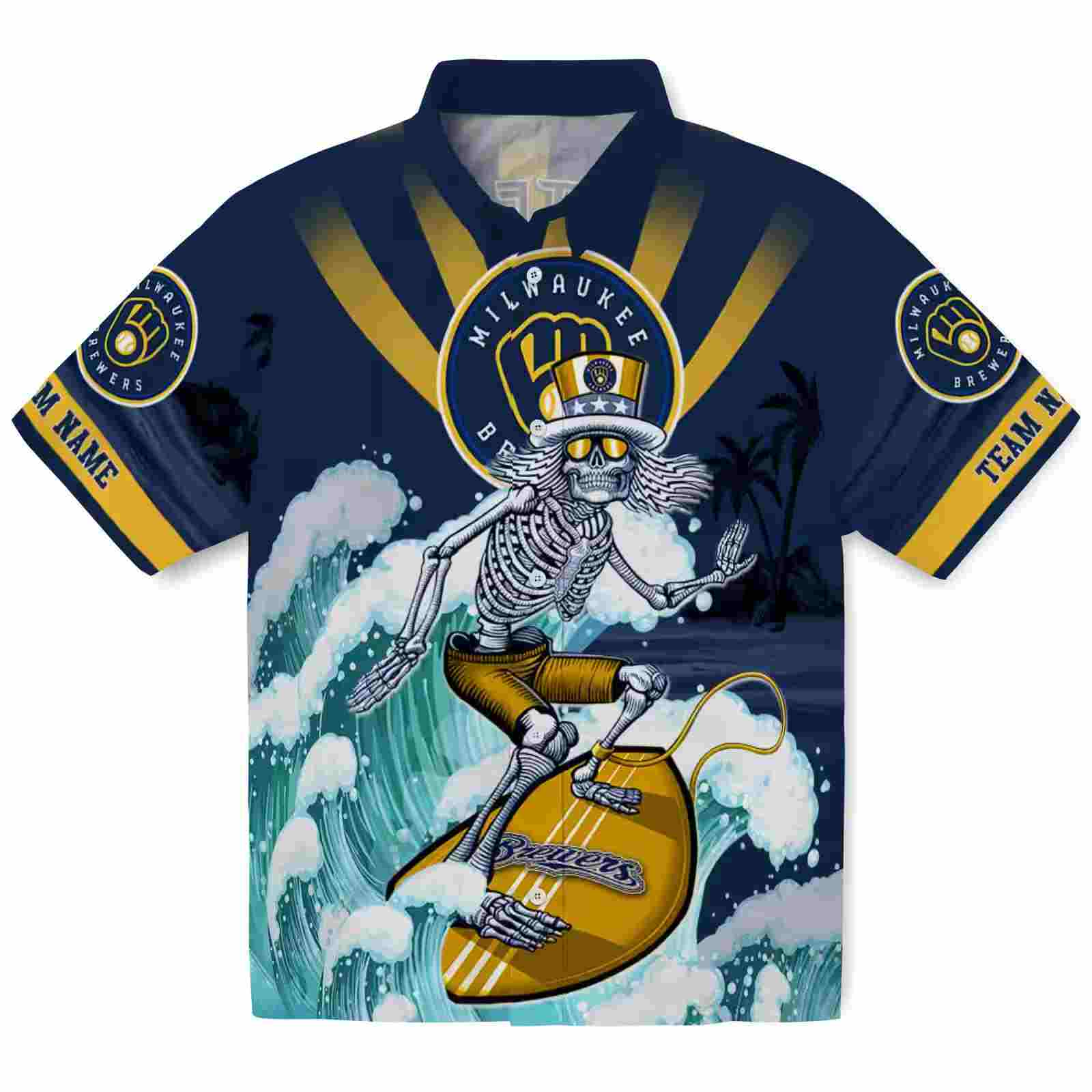 Customized Milwaukee Brewers Surfing Skeleton Navy Blue Hawaiian Shirt