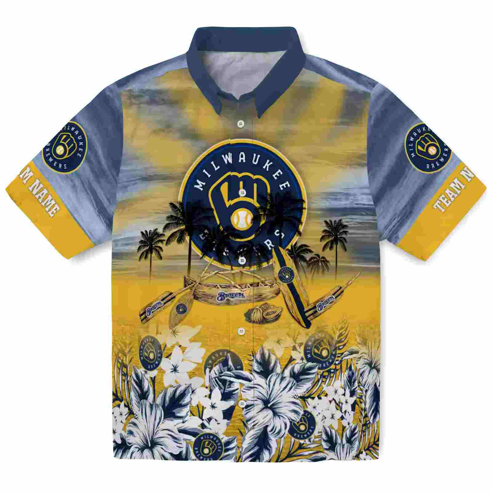 customized milwaukee brewers tropical canoe navy blue hawaiian shirt best selling