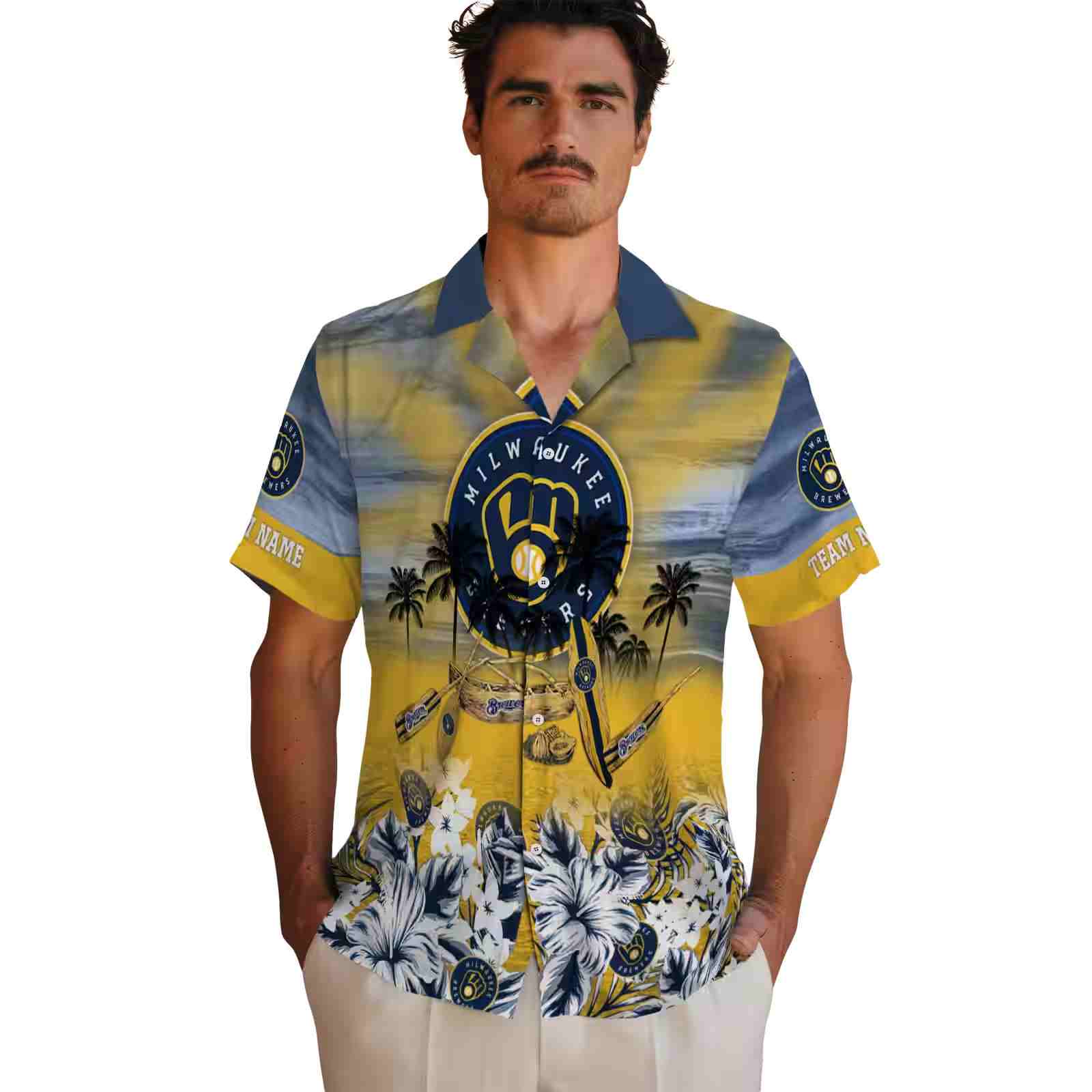 customized milwaukee brewers tropical canoe navy blue hawaiian shirt fashion forward