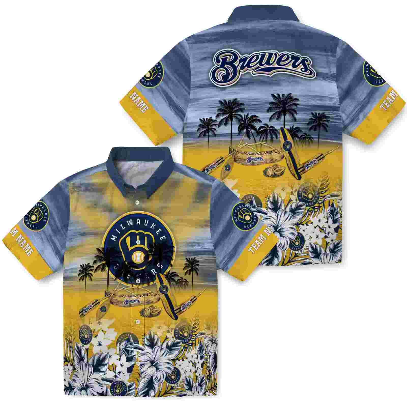 customized milwaukee brewers tropical canoe navy blue hawaiian shirt high quality