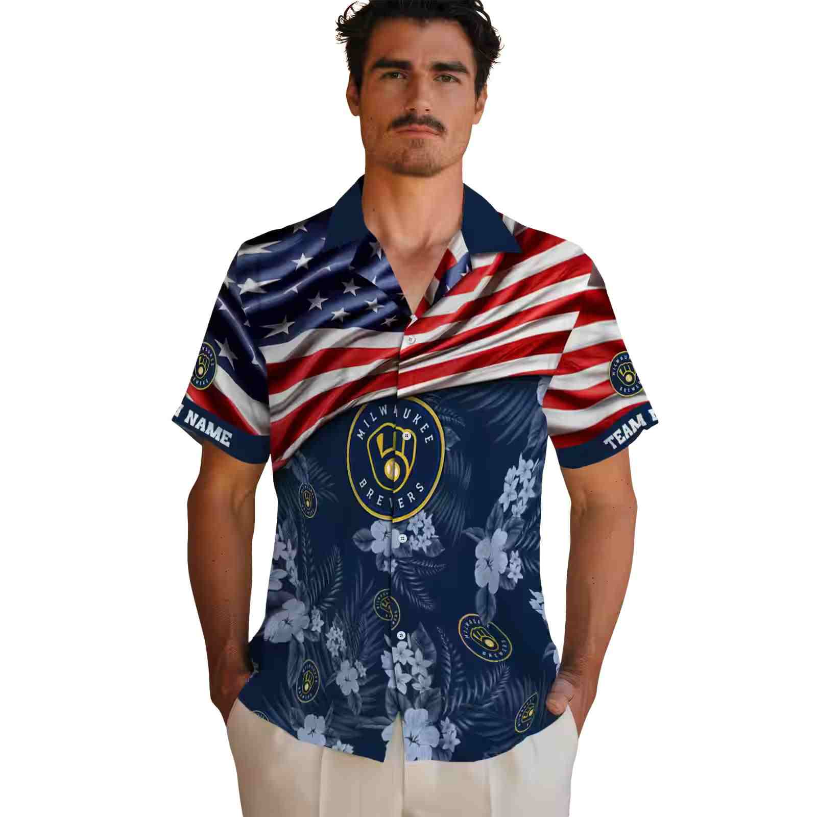 customized milwaukee brewers us flag hibiscus navy blue hawaiian shirt fashion forward